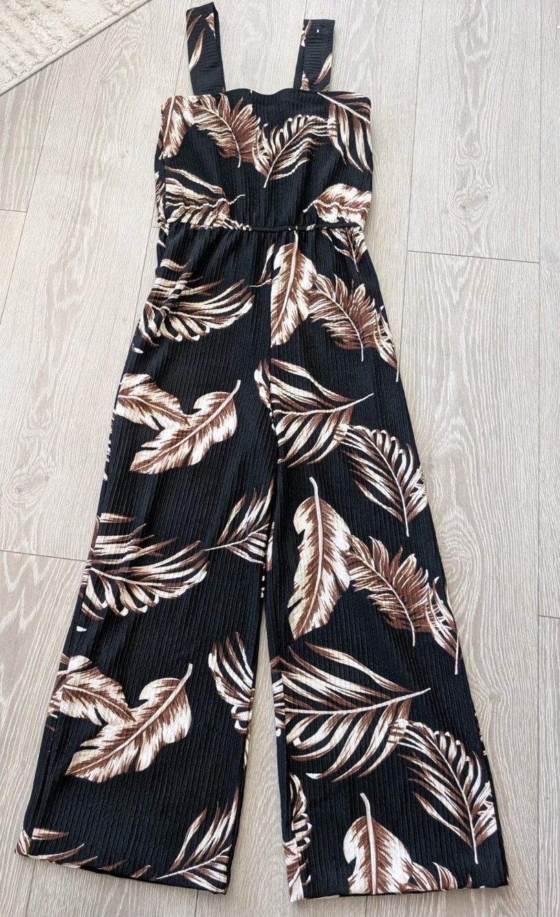 Women’s Black White Derek Palm Leaf Romper S Wide Straps